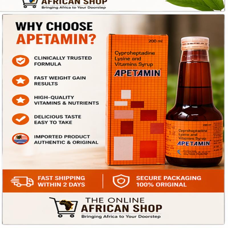 Apetamin supplement bottle and packaging with promotional text on a white background