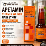 Apetamin vitamin weight gain syrup packaging and bottle.