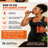 Apetamin Syrup with a woman using it, including usage instructions and product details.