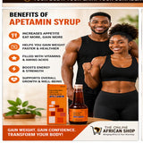 Advertisement for Apetamin Syrup with a man and woman posing, highlighting benefits.