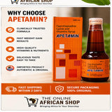 Apetamin supplement bottle and packaging with promotional text on a white background