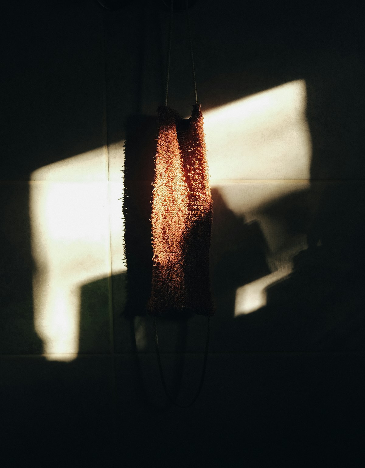 Bath sponge hanging in a sunlit room
